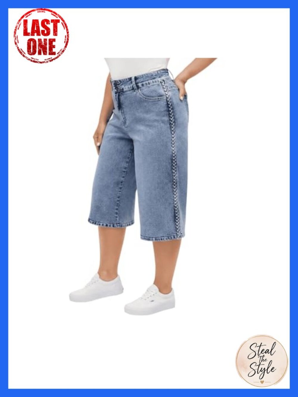 Plus Size Wide Leg Capri Jeans with Braided Side Stripe, High Waisted Stretchy